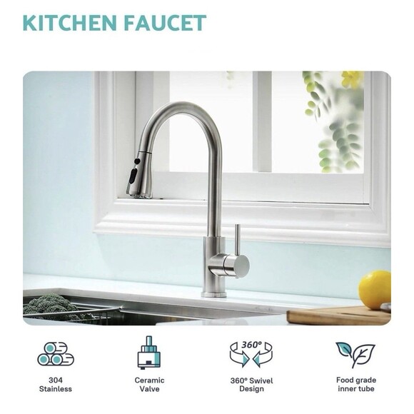 NEW Kicimpro Kitchen Faucet Pull Down Sprayer Single Handle Brushed Nickel - Picture 9 of 14